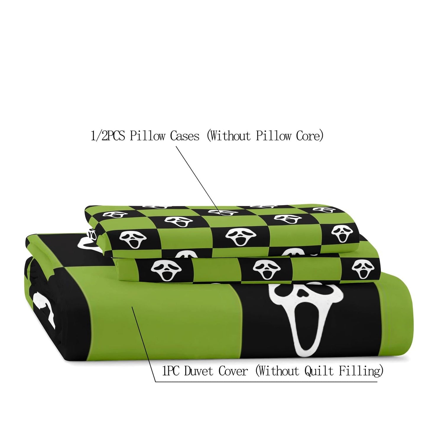 LUVIVIHOME 3PCS Spooky Face Duvet Cover Queen Bedding Sets, Green and Black Checkered Duvet Cover, Halloween Horror Scary Scream Ghost Grid Buffalo Plaid Comforter Cover, Bed in a Bag, 2 Pillow Cases