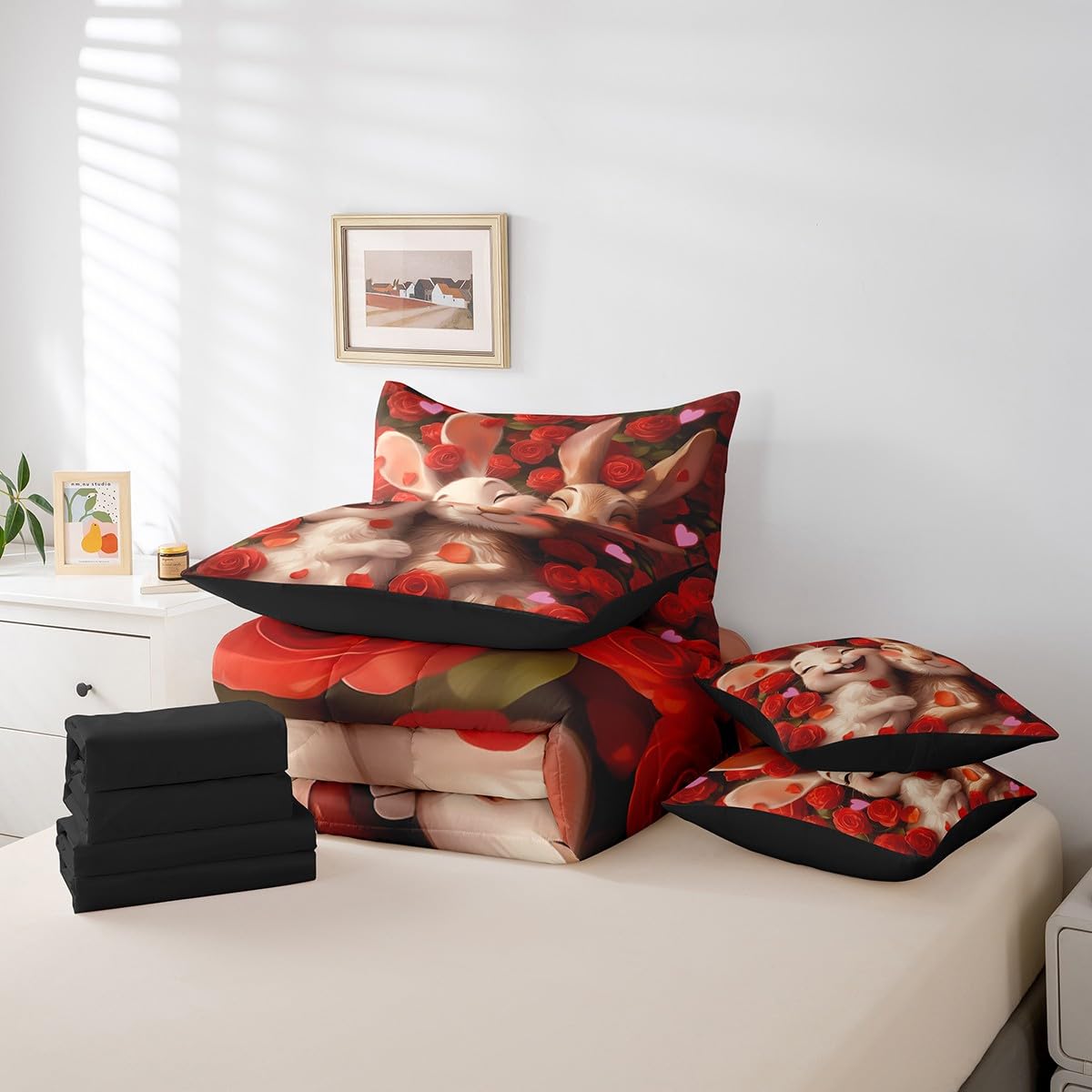 Erosebridal Cartoon Rabbit 7 Piece Bedding Set for Kids Teen Boys Girls,Valentine's Day Rose Comforter Set Full Size,Cute Animal Couple Bed in A Bag Red Romantic Flowers Love Sheet Set with Comforter