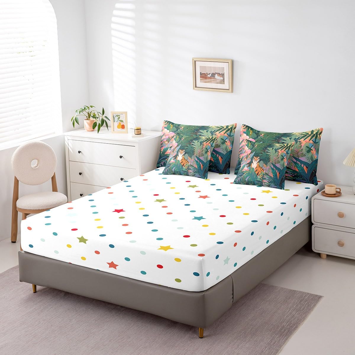 Erosebridal African Tiger Bedding Set King Size, Safari Animal Wildlife Comforter Set, Palm Tree Leaves Kids Teens (Comforter+Fitted+Flat Sheet+2 Pillowcases+2 Throw Pillow Covers) 7 Pieces Bed Set