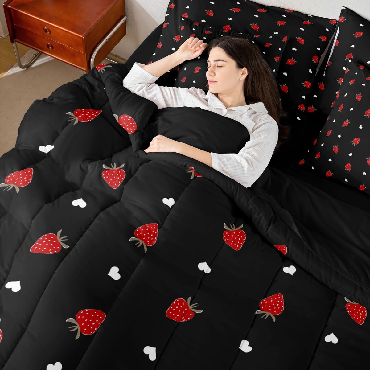 Erosebridal Kawaii Strawberry Full Size Comforter Set, Cute Fruits Theme Sweet 7-Piece Bed in A Bag, Red Black Sheets and Pillowcases, Heart Pattern Bedding Set Room Decor