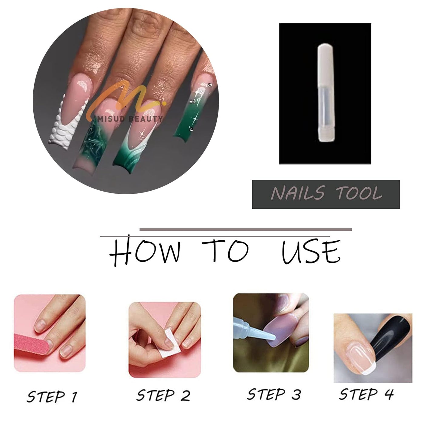 MISUD Press on Nails - Long Square Fake Nails with Dark Green, Acrylic Ombre French Tip Design 24 pcs