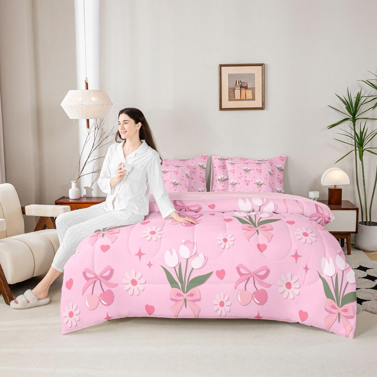 Erosebridal Daisy Floral Bow Girly Pink Full Comforter Set 7 Pieces | Bowknot Ribbon Bed in A Bag for Bedroom Flowers Love Hearts Bedding Set with Comforters Flowers Love Hearts Room Decor