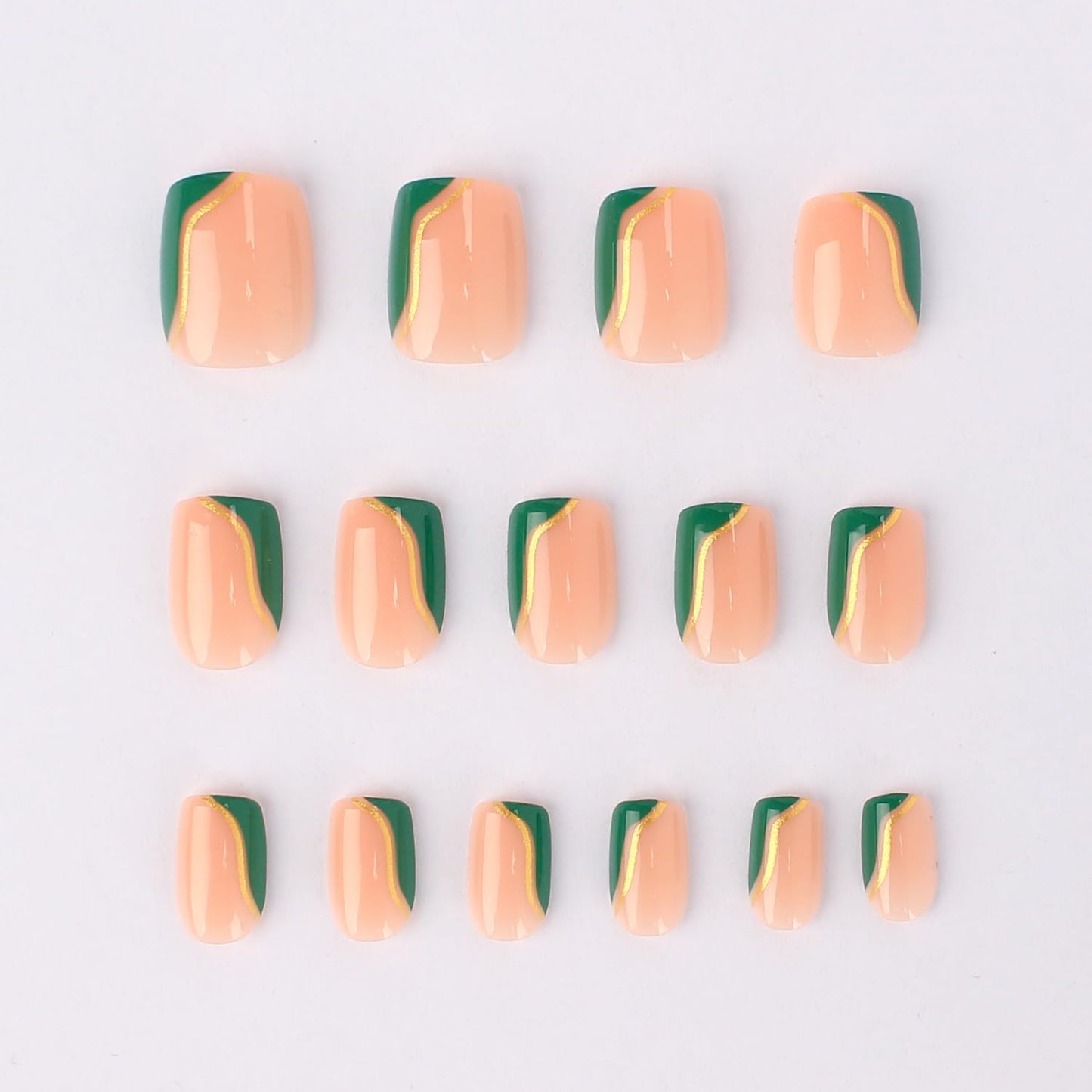Mivota Fall Press On Nails Short Square Nude Fake Nails Green with Gold Stripes Fake Nails Fashion Glossy Acrylic Press ons Nail Gel Stick On Nails Set Glue on Nails for Women & Girls 30Pcs