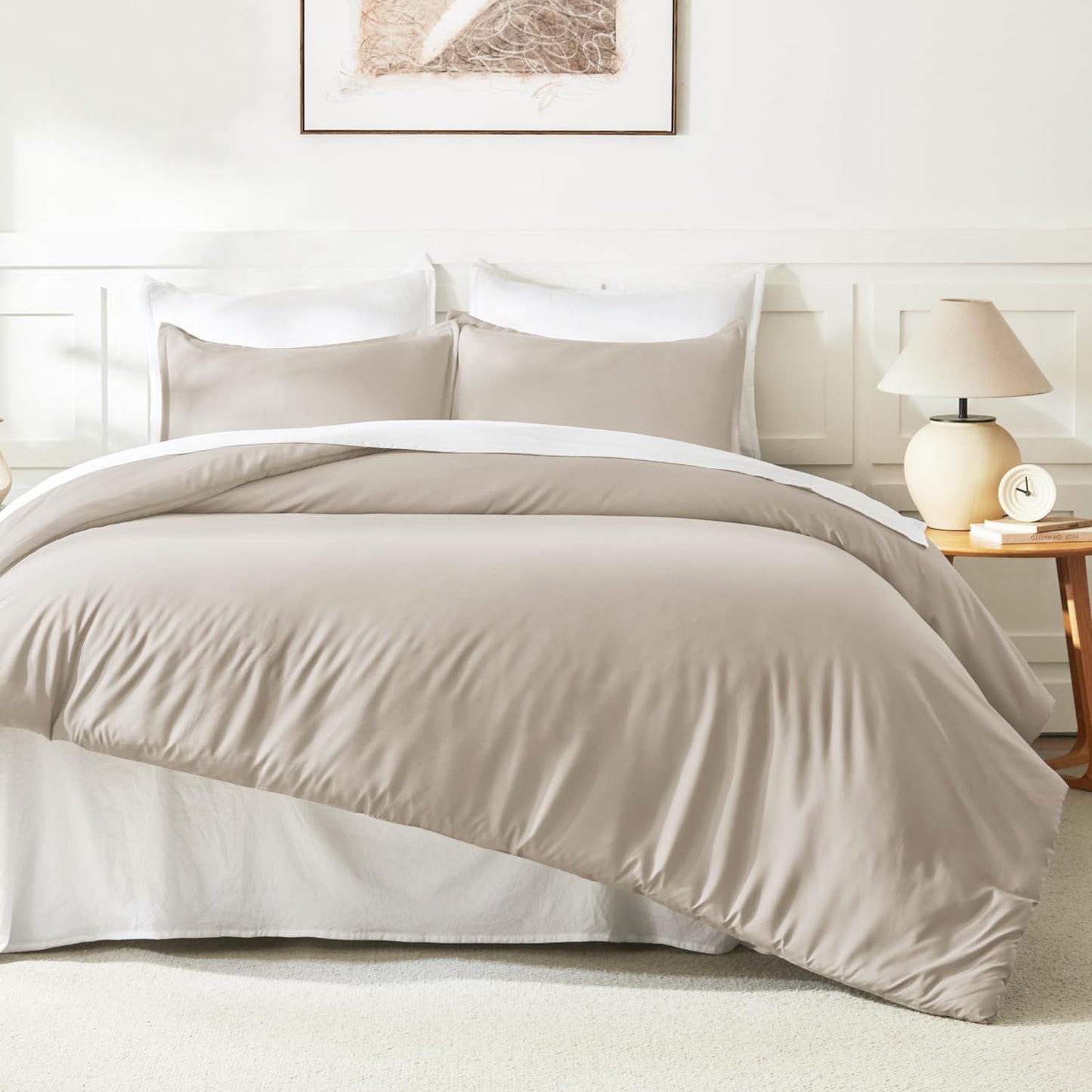 Litanika Oatmeal Comforter King Size, 3 Pieces Lightweight Solid Bedding Comforter Set, All Season Fluffy Bed Set
