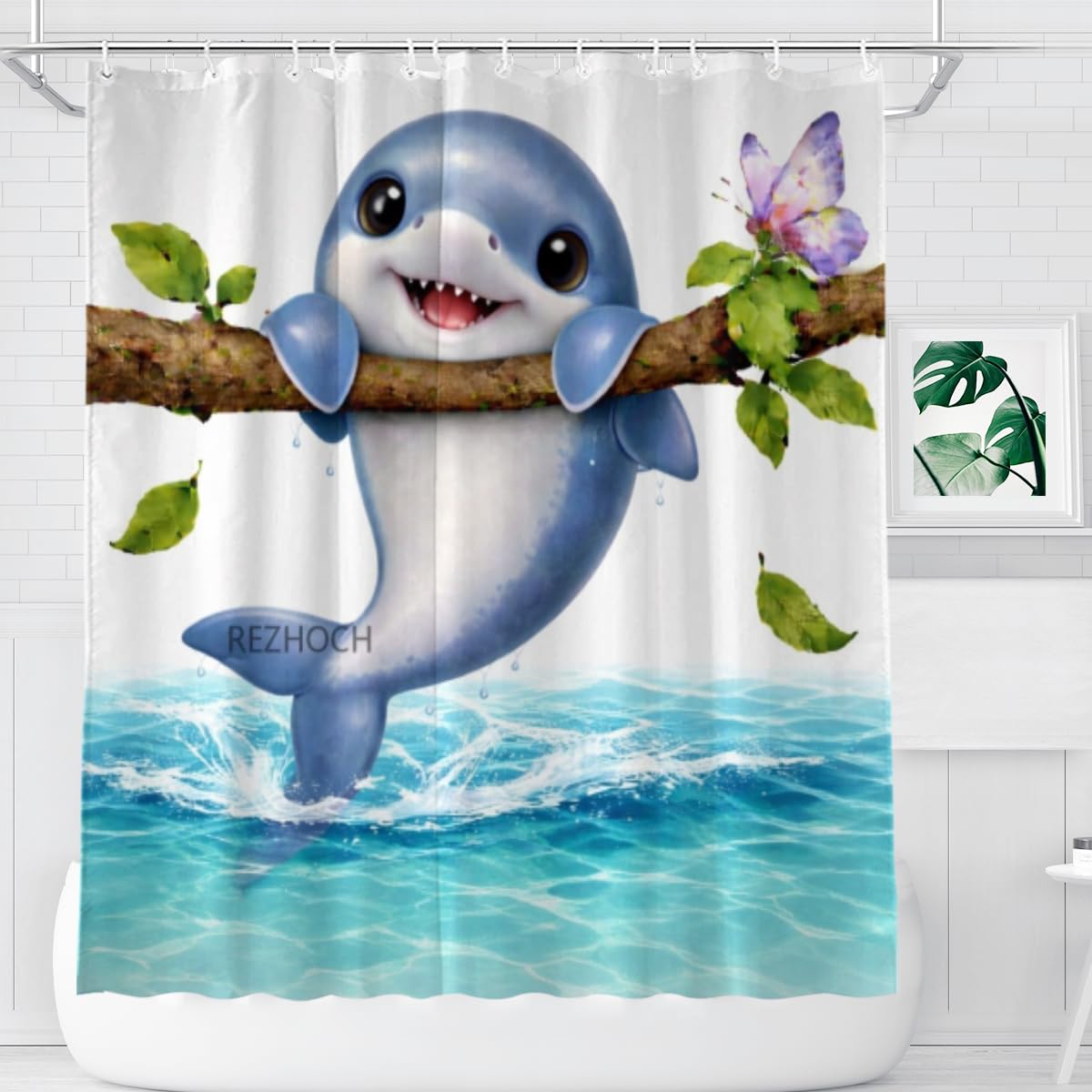 REZHOCH Cute Dolphin Shower Curtain Adorable Animal Hanging on Tree Branch Funny Cartoon Butterfly Bath Curtain Waterproof Fabric Home Bathroom Decor 72x72Inch with 12 Hooks