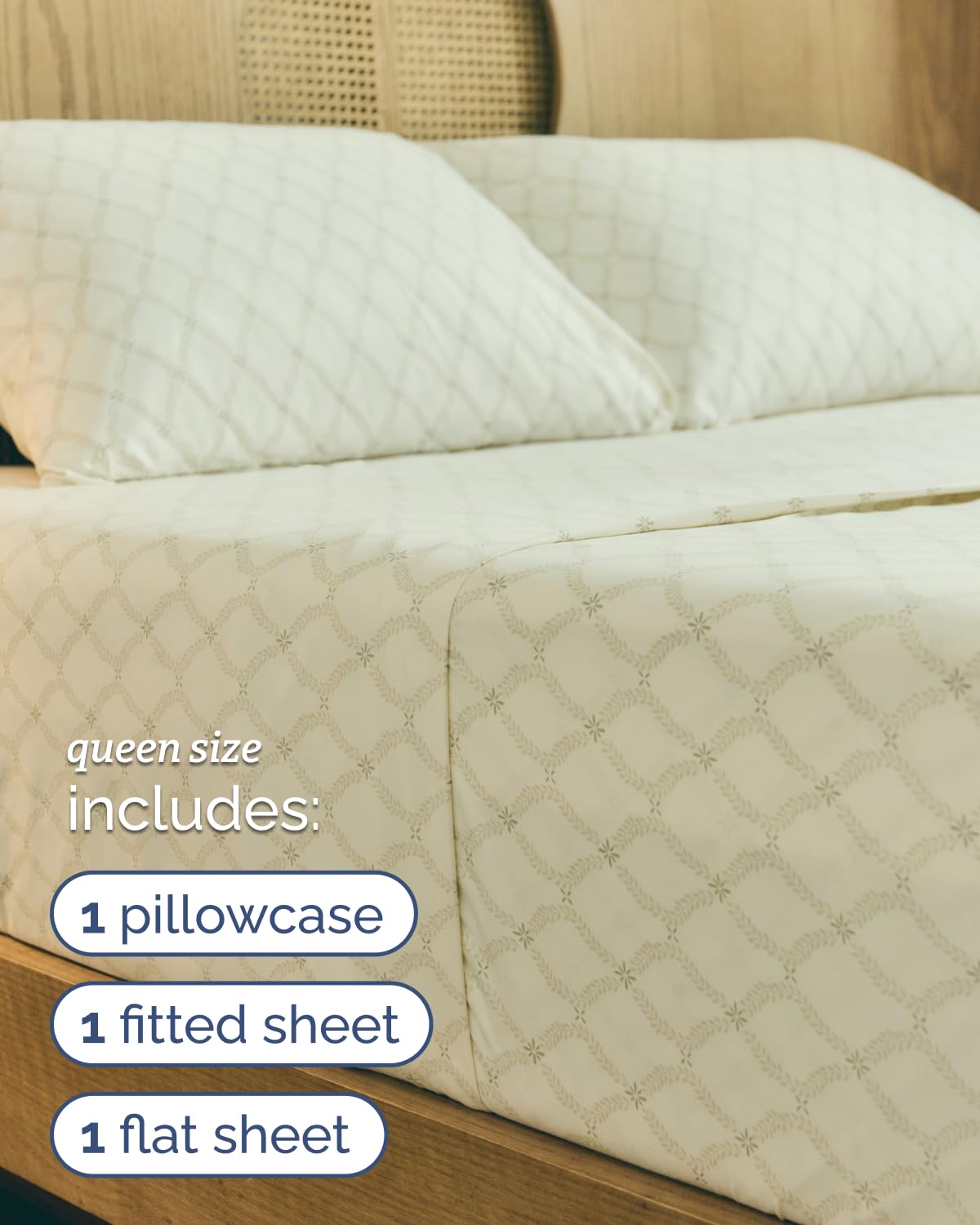 Floral Sheets - Neutral Floral Bed Sheet Set - 1 Flat & 1 Fitted & 2 Pillowcases w/ Deep Pockets - Comfy, Wrinkle & Fade Free Boho Botanical Bedding - Ultra-Soft, Breathable & Cooling - Queen Size