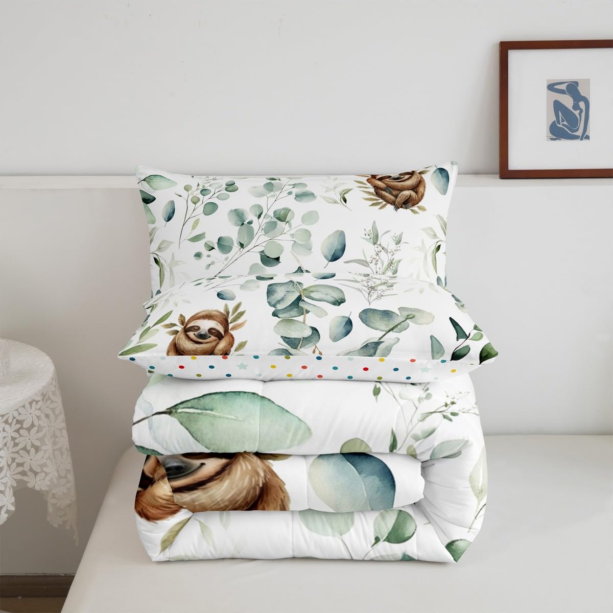 Erosebridal Girls Kawaii Animal Bedding Twin Size Cute Sloth Comforter Set Twin, Cartoon Wildlife Duvet Insert Green Leaf Quilt Comforter, Plant Bedding Comforters & Sets Child Kids Bedroom Decor