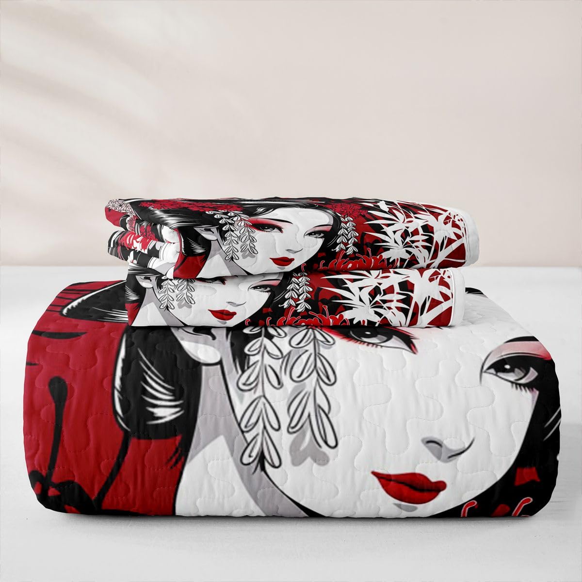 Erosebridal Geisha Beauty Quilts Twin Size - Japanese Style Bedspread Coverlet Set, Traditional Geisha Bamboo Flowers Quilt Coverlets 2Pcs (Only 1 Pillowcase)