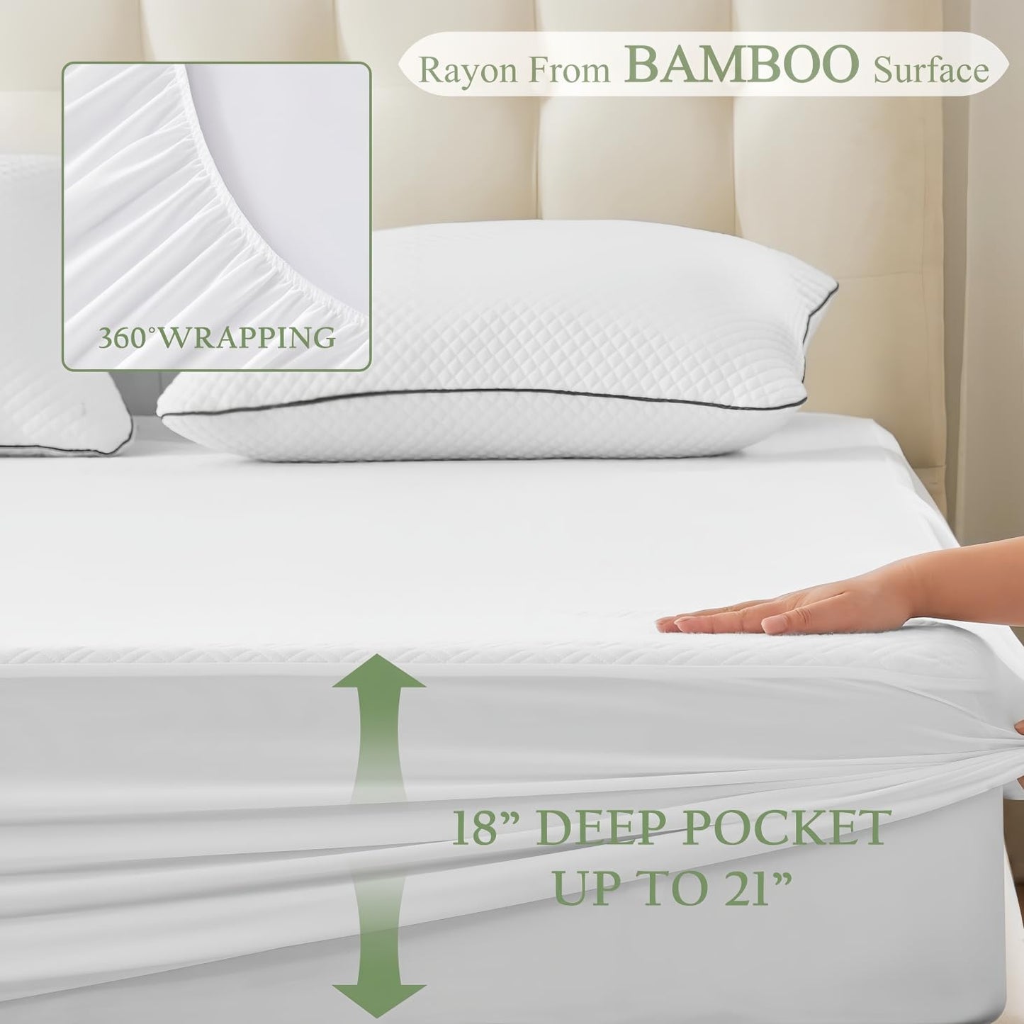 Queen Size Waterproof Mattress Protector, Cooling Viscose Derived from Bamboo Mattress Cover Stretchable Fitted 8"-21" Deep Pocket, Premium 3D Air Fabric Soft Breathable Noiseless Washable