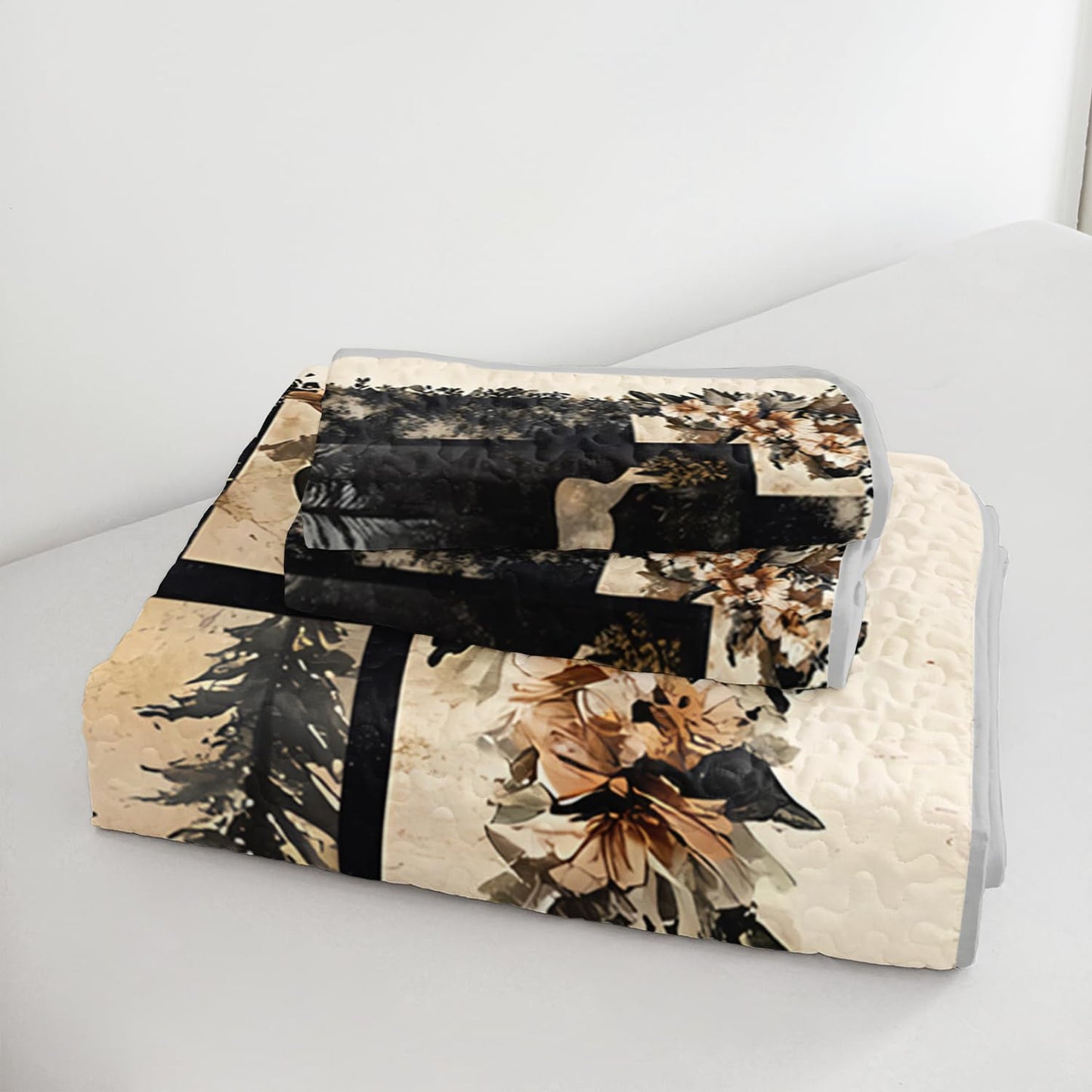 HOSIMA Deer King Bedding Set for Adults,Deer in Forest Print Summer Soft Lightweight Quilt,Floral Pattern Plaid Animal Bedding for Aesthetic Room Decor with 2 Pillowcases.