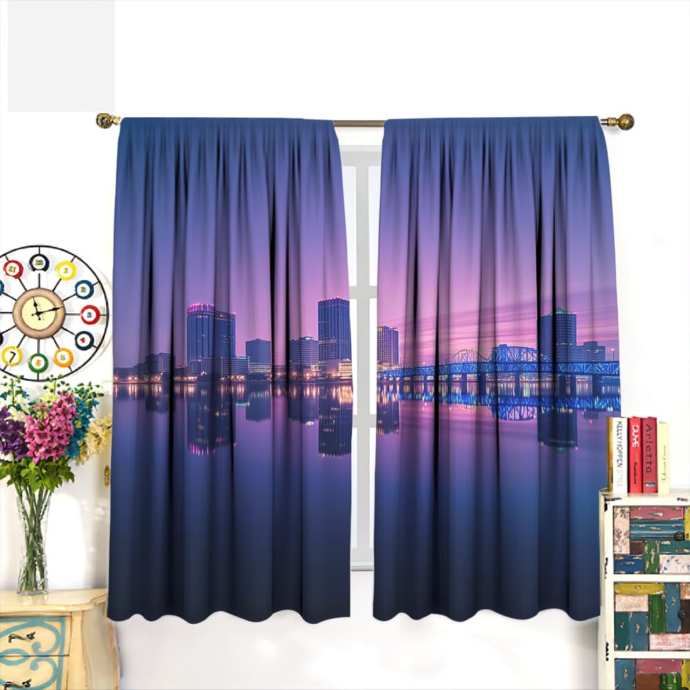 YFBBINS Evening Cityscape Pattern Blackout Curtains Thermal Insulated for Bedroom Living Room, Ocean Modern Skyline Rod Pocket Curtain Light Blocking Drapes, 2 Panels, Each 21 W x 45 L inch