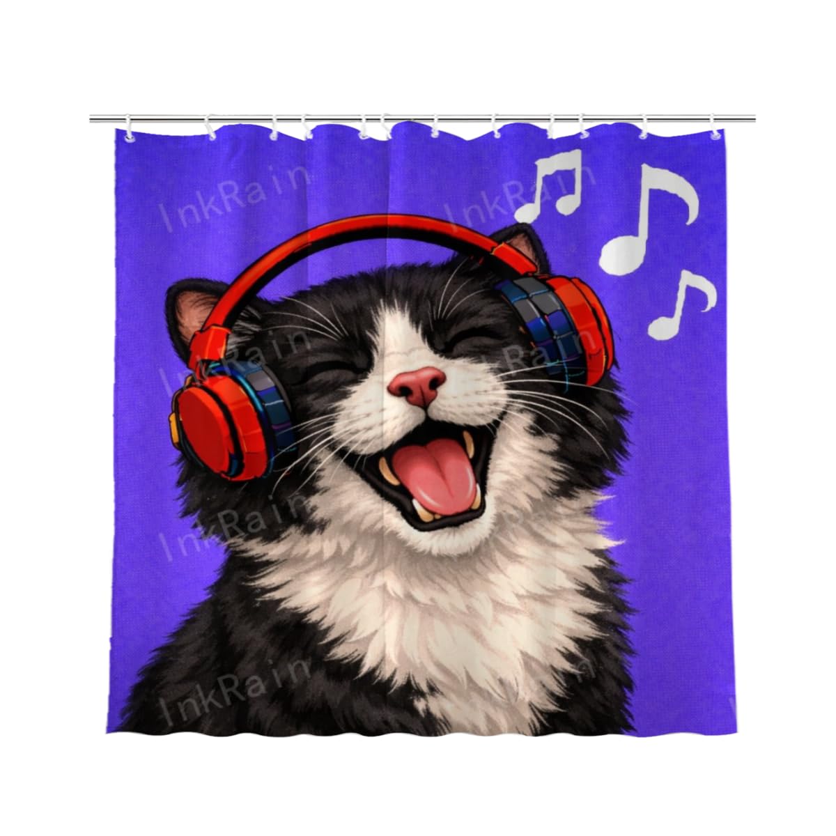 InkRain Funny Shower Curtain with 12 Hooks Tuxedo Cat with Headphones Bathroom Decor Waterproof Polyester Fabric Machine Washable Bath Curtain 72x72 Inch