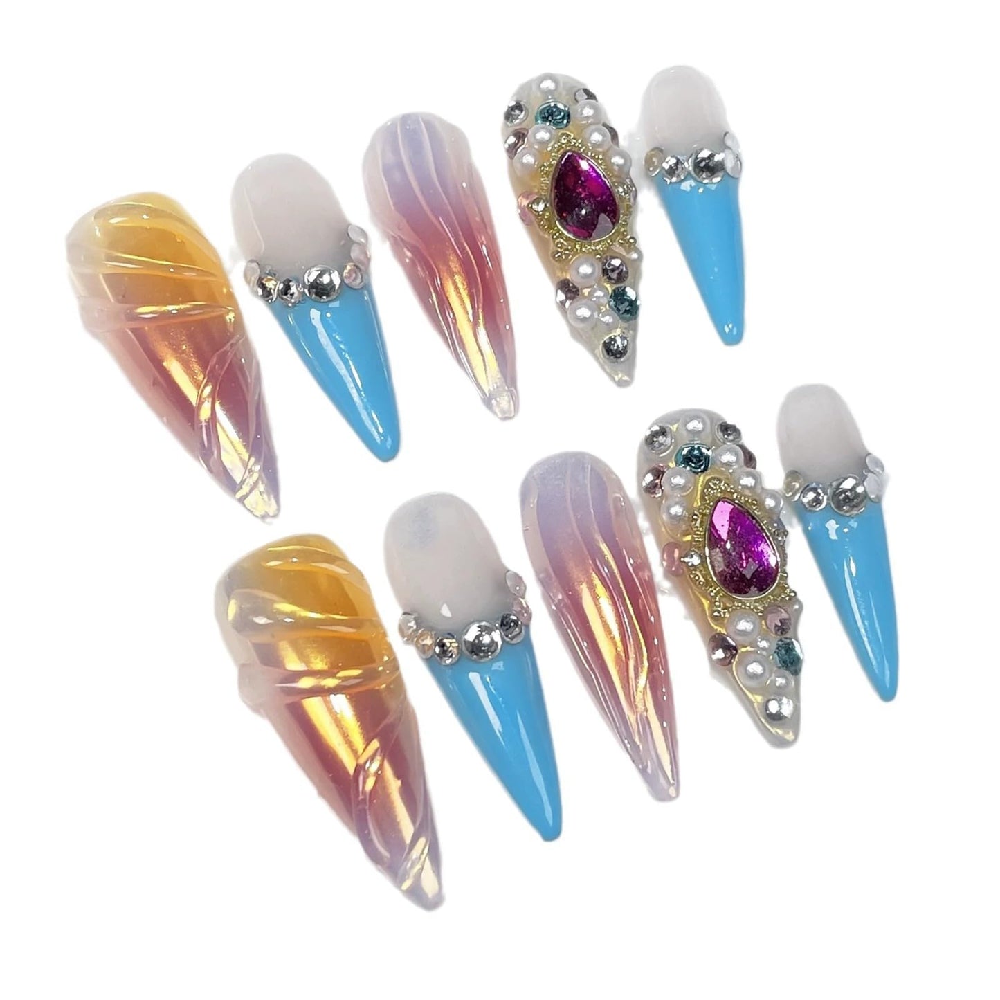 Luxury Handmade Press On Nails Long Stiletto Fake Nails Ombre False Nails with 3D Rhinestones Designs Y2k French Tip Long Almond Acrylic Nails Press Ons for Women 10Pcs (Size M)