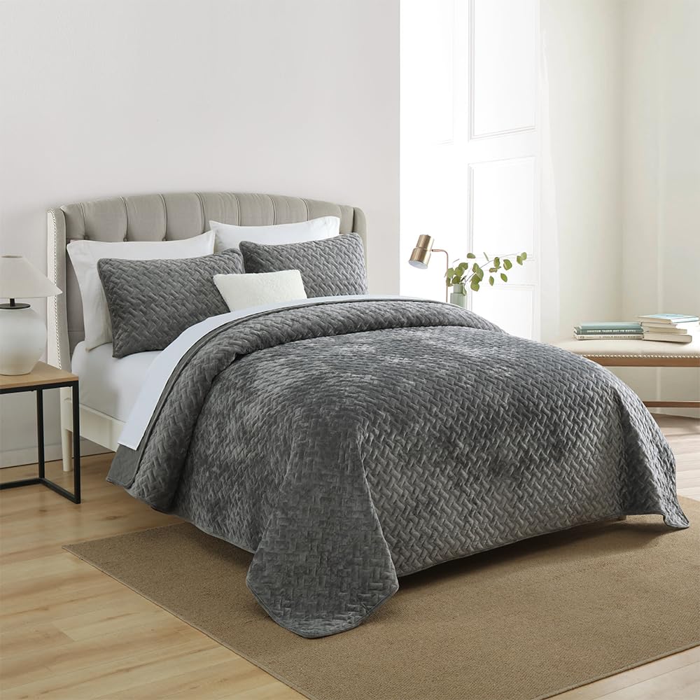 Liians Velvet Bedspread Quilt Bedding Sets,Luxury Elegant Ultra Soft Velvet Comforters Coverlet Blankets,Weave Stitching Pattern Cotton Quilted Bedspread for All Seasons,Grey,King Size