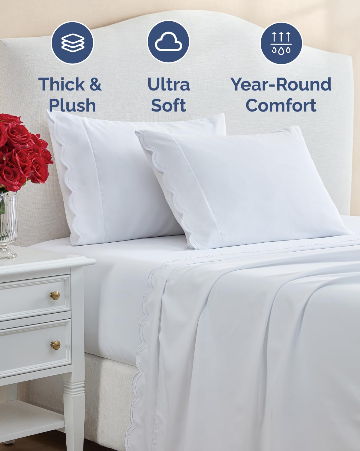 Extra Thick Heavyweight Queen Size 4 Piece Bed Sheet Set - Scalloped Edge Bedding - Ultra-Soft & Wrinkle Resistant - Super Luxury Queen Bed Set - Premium Hotel Quality Sheets with Deep Pockets - White