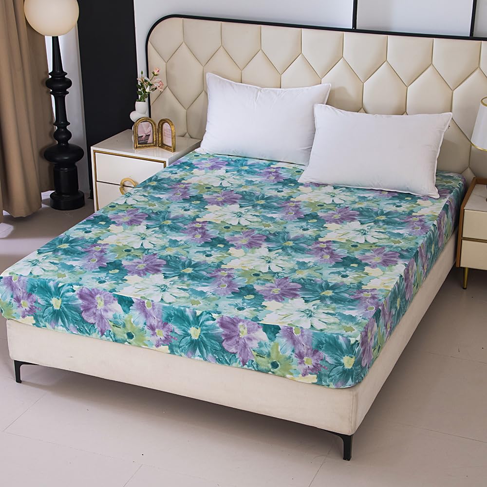 NATURETY Bedding Fitted Sheet with Deep Pocket,Oil Painting Style Printed Fabric Bed Sheets for Boys Girls Single Bed (Green Floral,Twin)