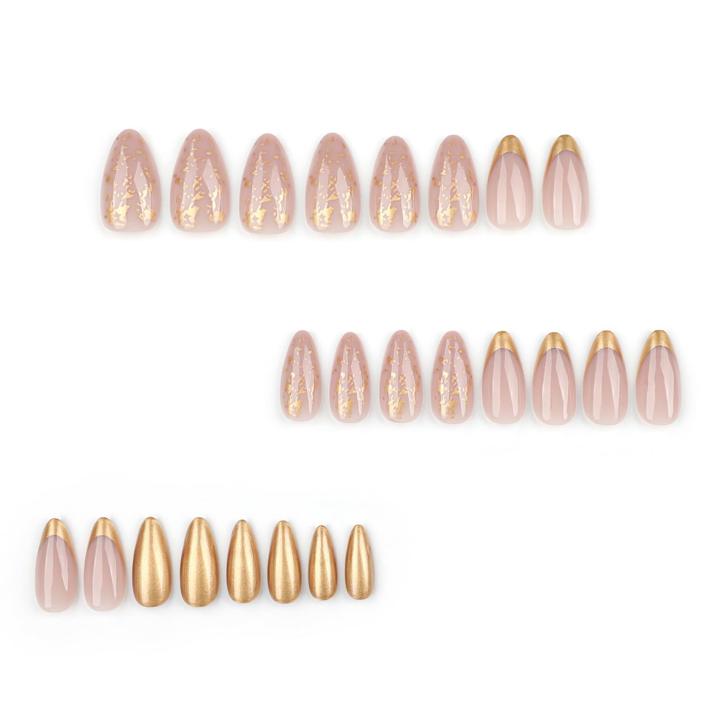 Gold Bow French Tip Press on Nails Medium Almond Fake Nails with Designs Glossy Full Cover Stick on False Nail Set for Women 24 Pcs