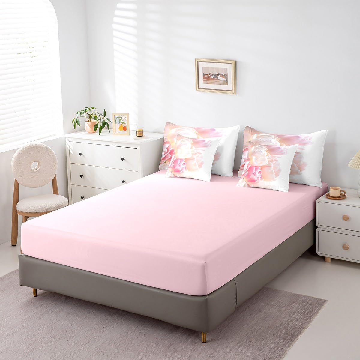 Erosebridal Pink Dreamy Princess Girls Bedding Set Romantic Pastel Tulip Kids Twin Comforter Set 7 Piece Spring Botanical Flowers Bed in A Bag Luxury Garden Floral Plants Bed Set