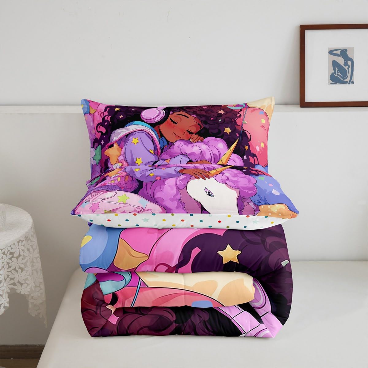 Erosebridal Black Girls Bedding Set Unicorn Afro Girl Twin Comforter Set for Girls,American African Princess Magical Cartoon Horse Quilt for Toddler Kids Teenager,Cute Room Decor