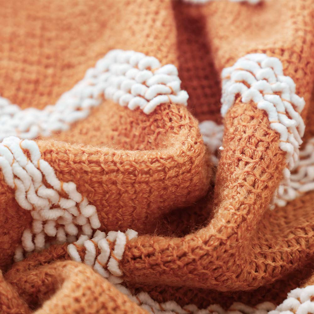 BOURINA Fluffy Chenille Knitted Fringe Throw Blanket Lightweight Soft Cozy for Bed Sofa Chair Throw Blankets, Orange 50" x 60"