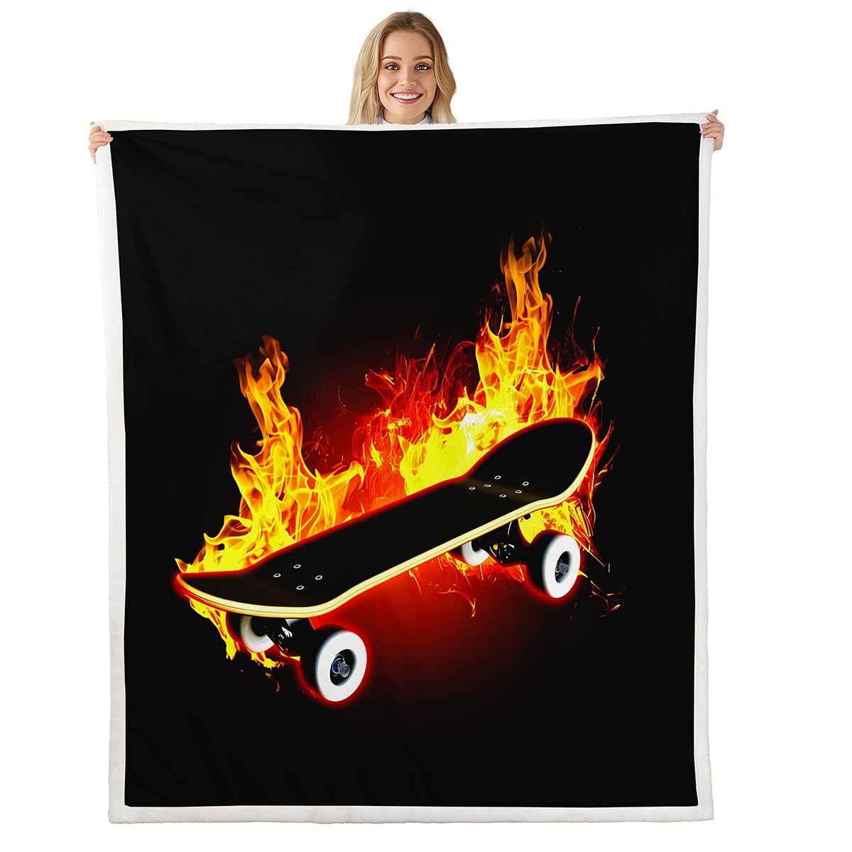 Feelyou Skateboard Sherpa Throw Blanket Kids Boys Teens Street Sports Fleece Blankets and Throws Fire Skate Board Plush Blanket Hip Hop Skater Fuzzy Blanket for Sofa Bed Couch 50" x 60",Black