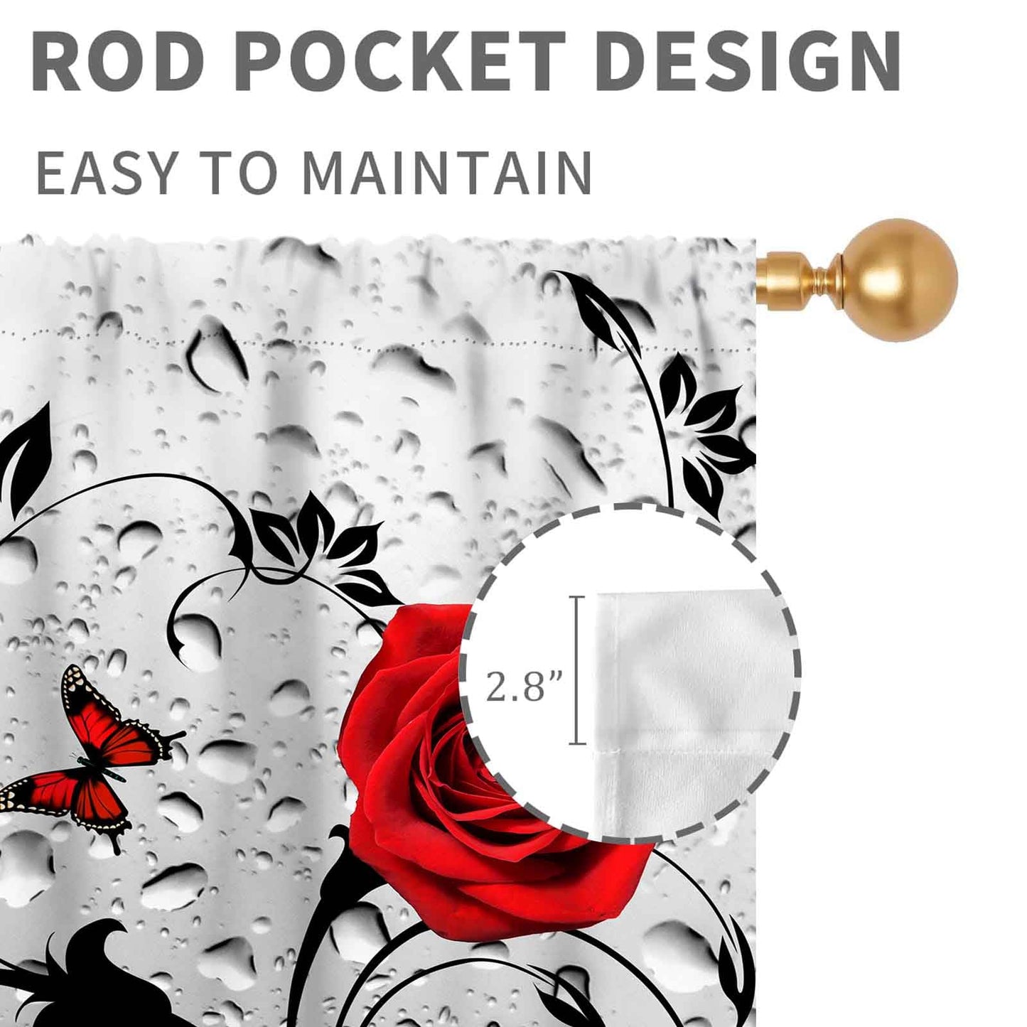 Red Rose Floral Curtains, Modern Abstract Romantic Flower Valentine's Day Romance Raindrops Gray Window Drapery Treatments for Woman Girls Bedroom Living Room Apartment Bathroom 2 Panels, 42"x45" Inch