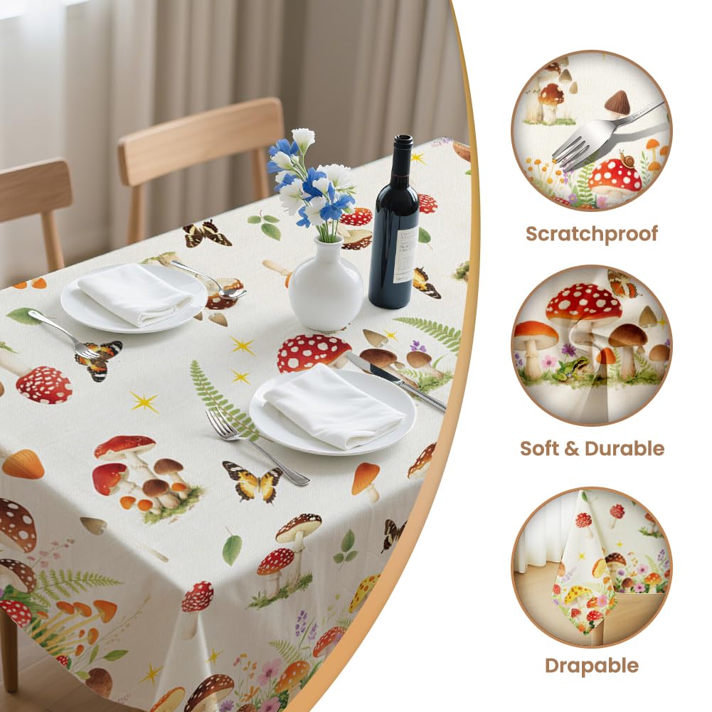 ANATTASOUL Mushroom and Flower Rectangle Table Cloth Waterproof 6ft Fall Spring Summer Tablecloth, 84"x60" Stain Resistant and Wrinkle Free Table Cover for Dining Party Buffet Camping Wedding