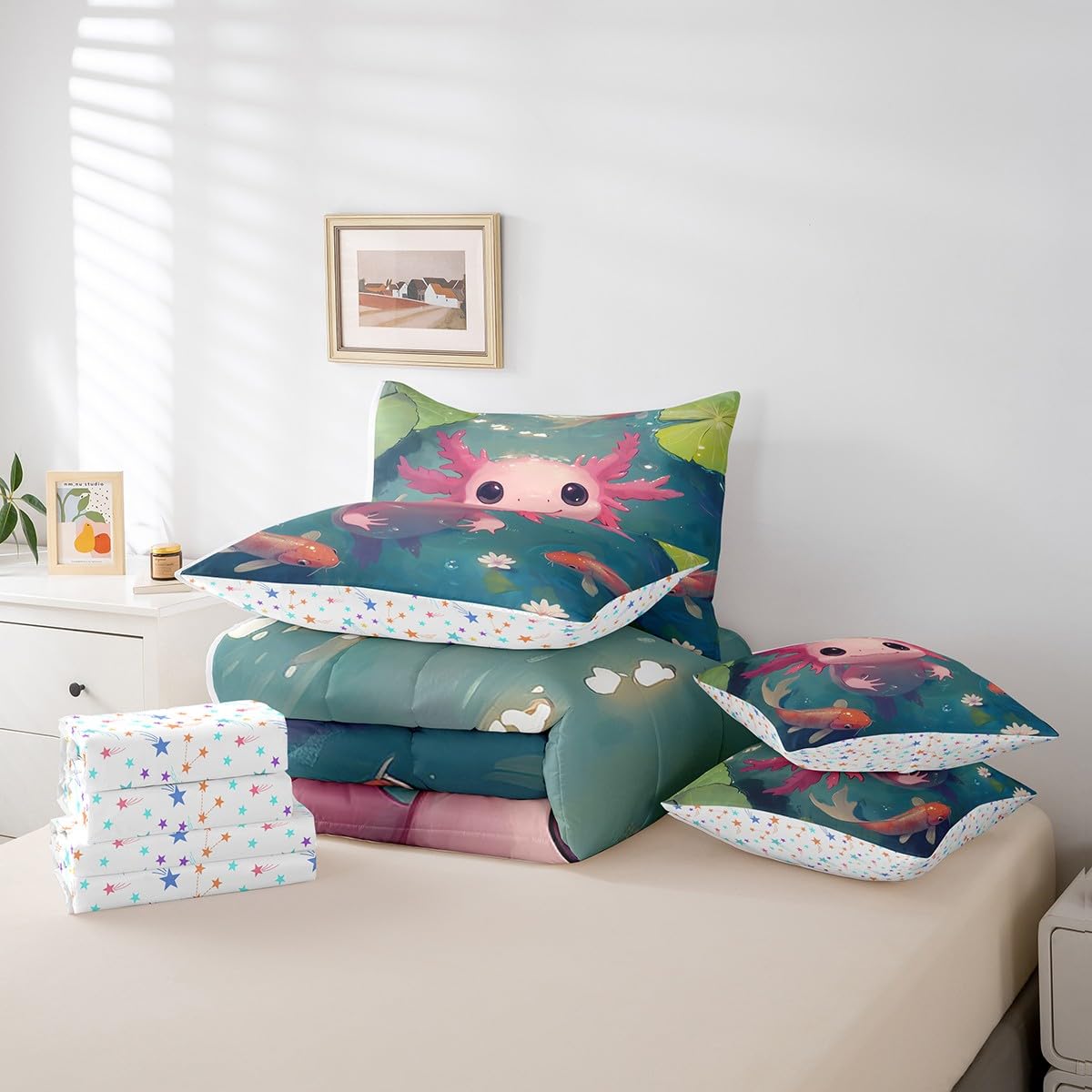 Feelyou Kids Cute Axolotl 7 Pieces Bedding Set Twin Size, Cartoon Salamander Bed in A Bag Ocean Sealife Comforter Set with Sheets Boys Girls Kawaii Animal Teens Bed Set Bedroom Decor 7Pcs