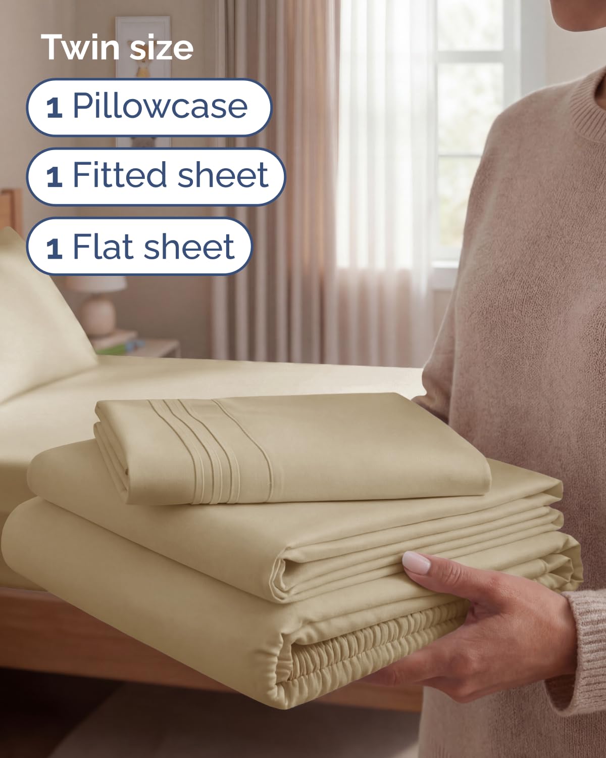 Twin Size 3 Piece Sheet Set - Comfy Breathable & Cooling Sheets - Hotel Luxury Bed Sheets for Women & Men - Deep Pockets, Easy-Fit, Extra Soft and Wrinkle Free Sheets - Beige Oeko-Tex Bed Sheet Set