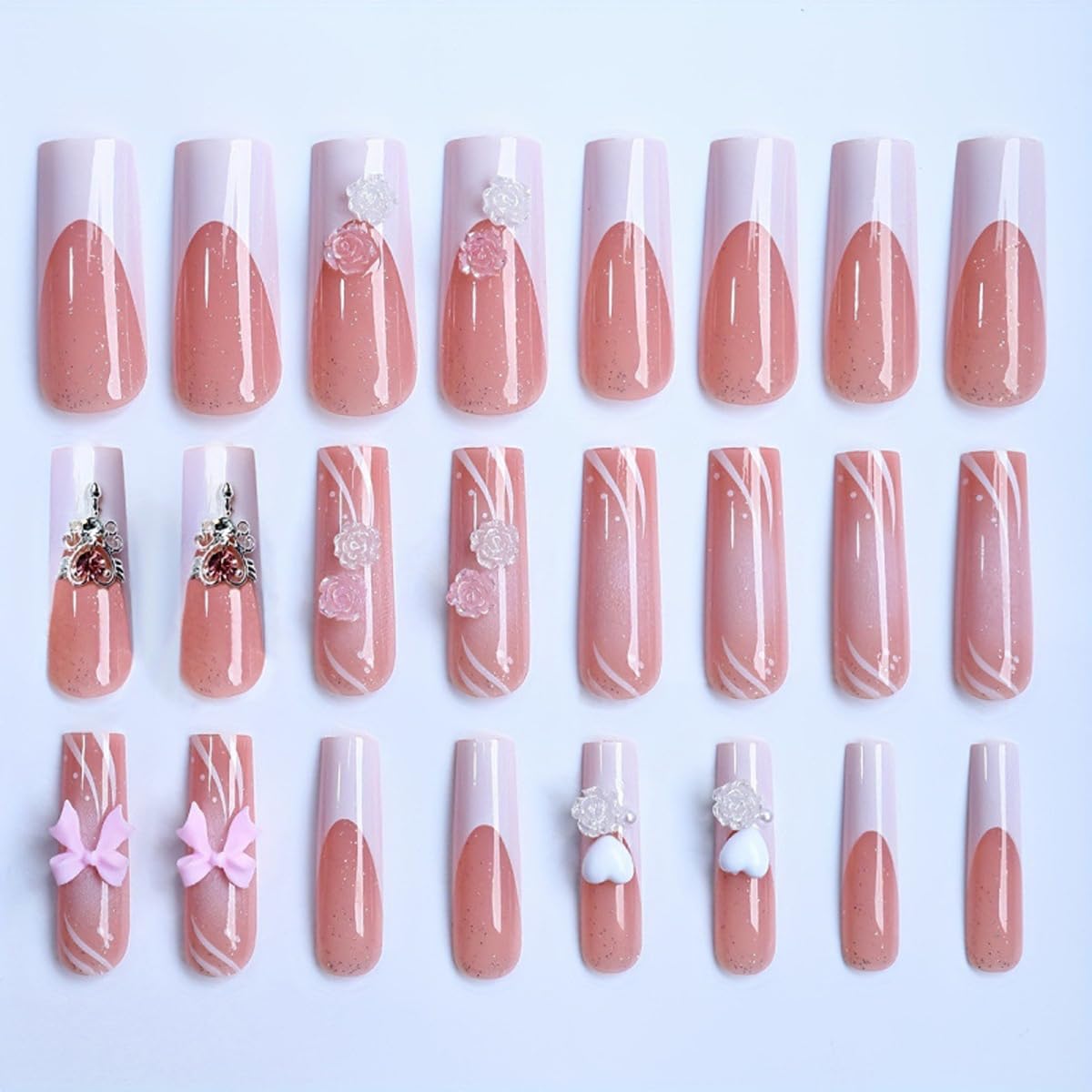 Pink Press on Nails Long Square Fake Nails White French tip Glue on Nails with 3D Rose, Bow, Gem Staff Charms Designs Full Cover Valentine’s Day False Nails for Women Manicure 24Pcs