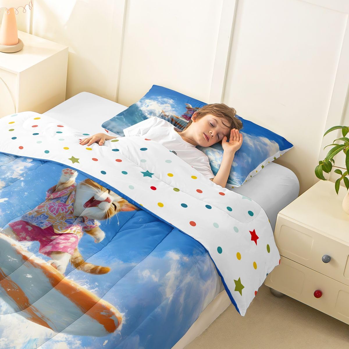 Erosebridal Cat Surfing Toddler Bedding Set Cartoon Summer Coastal Cat Surf Comforter Set Hawaiian Beachy Girly Room Decor Bed Comforter Sets,Blue Ocean Waves Quilt Duvet