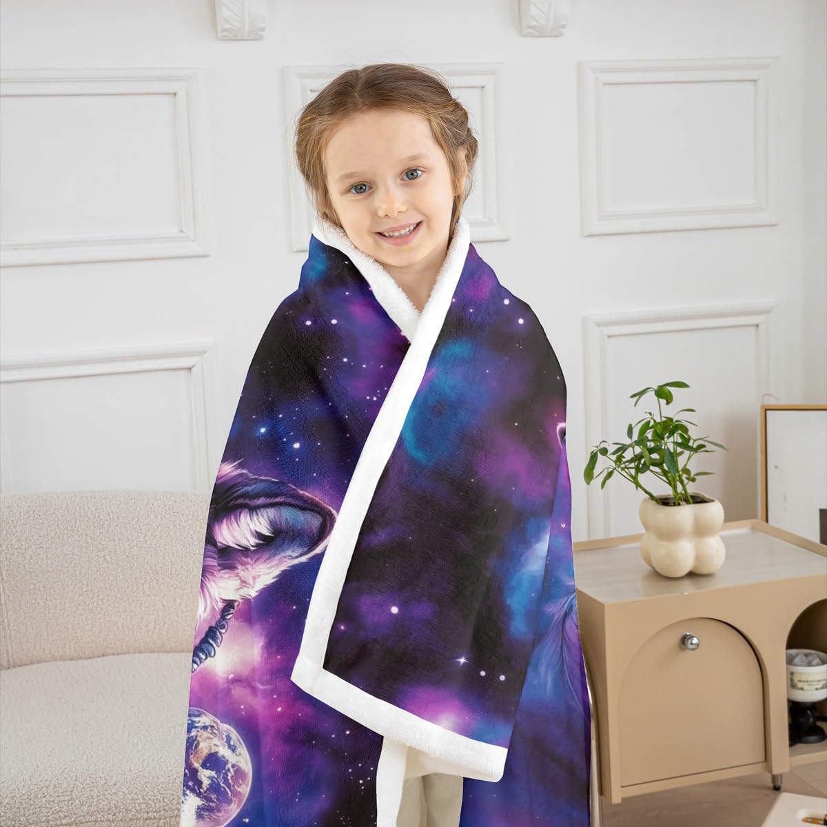 Erosebridal Twin Size Wolf Fuzzy Plush Throw Tribal Animal Fleece Blanket Bohemian Feather Wildlife Sherpa Blanket for Kids Adult Women Men Starry Sky,Purple Decor for Sofa Couch Decor