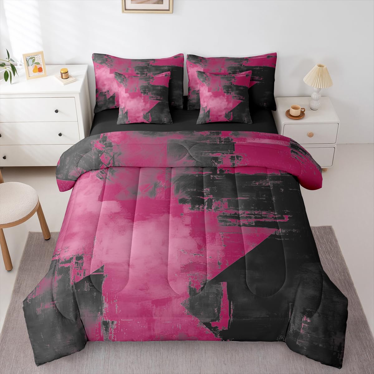 Feelyou Abstract Comforter Set with Sheets 7 Piece King Size Modern Abstract Art Bedding Set for Kids Boys Girls Luxury Bed in a Bag Geometric Room Decor Dark Rose Soft Lightweight Microfiber
