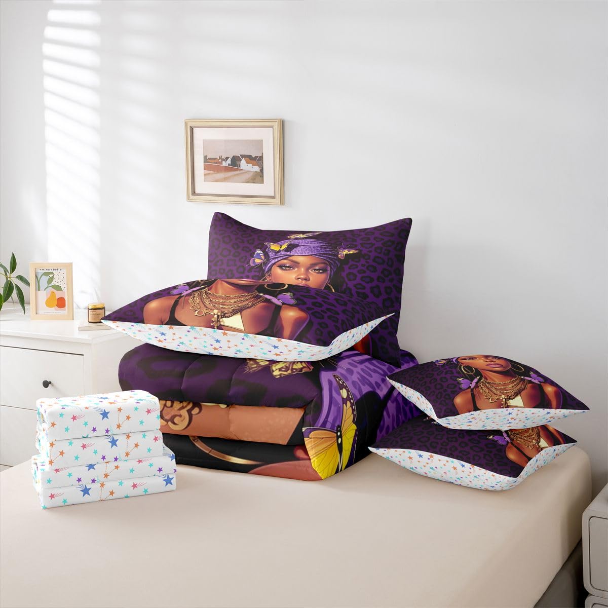 Erosebridal Black Girls Magic Queen Bedding Set Dark Purple Leopard Print Comforter Set Women Teen Coquette Butterfly 7-Piece Bed in a Bag Stylish Cheetah Headwrap Quilt Sets