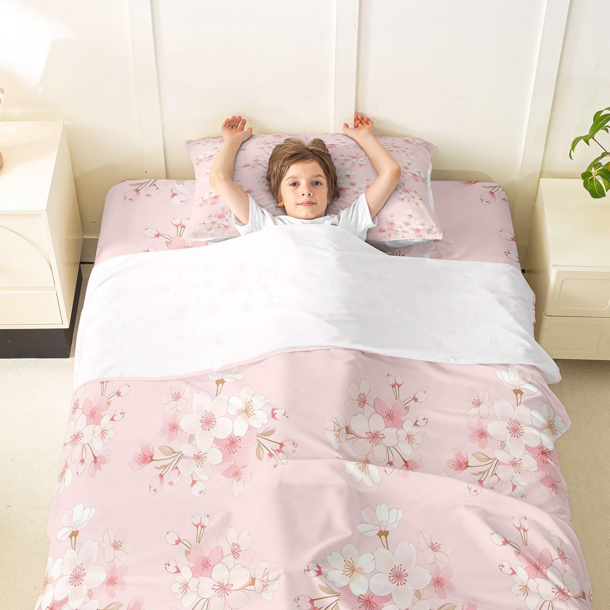Erosebridal Cherry Blossoms Bed Sheets Set Twin Japanese Style Sheet Set Romantic Floral Leaves Sheets Pink Flower Plant Flat Fitted Sheet