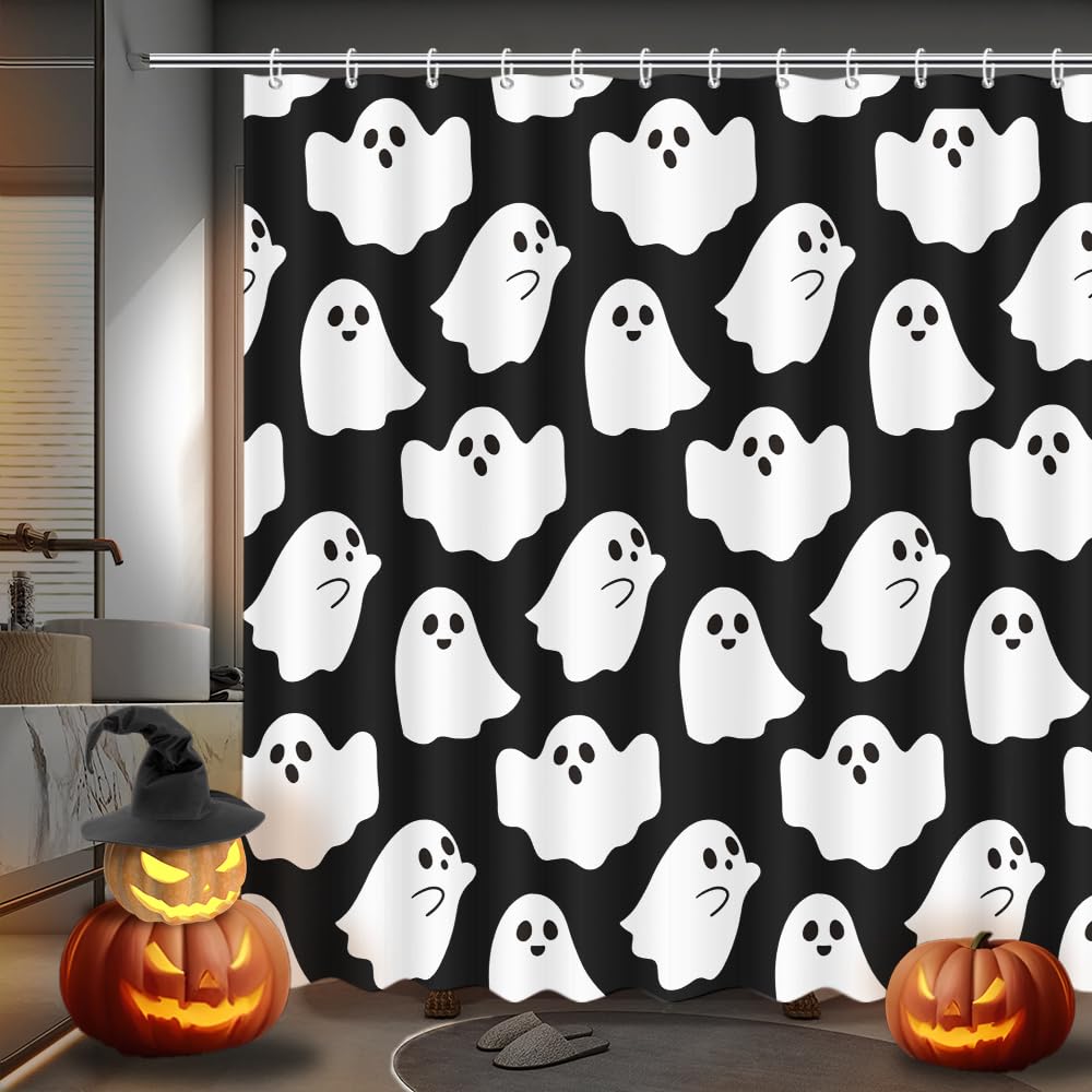 MEHOFOND Halloween Ghost Shower Curtain Cute Funny Cartoon Ghosts Bathroom Curtain Kids Black and White Spooky Skeleton Home Bathtub Decor Fabric Waterproof Bath Curtain with 12 Hooks 72x72 Inch