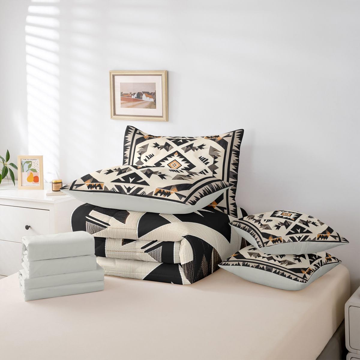 Erosebridal Geometric 7 Piece Bedding Set Queen Aztec Comforter Set with Sheets Rhombus Triangle Simple Western Bed in a Bag Southwestern Tribal Farmhouse for Teens Men Women