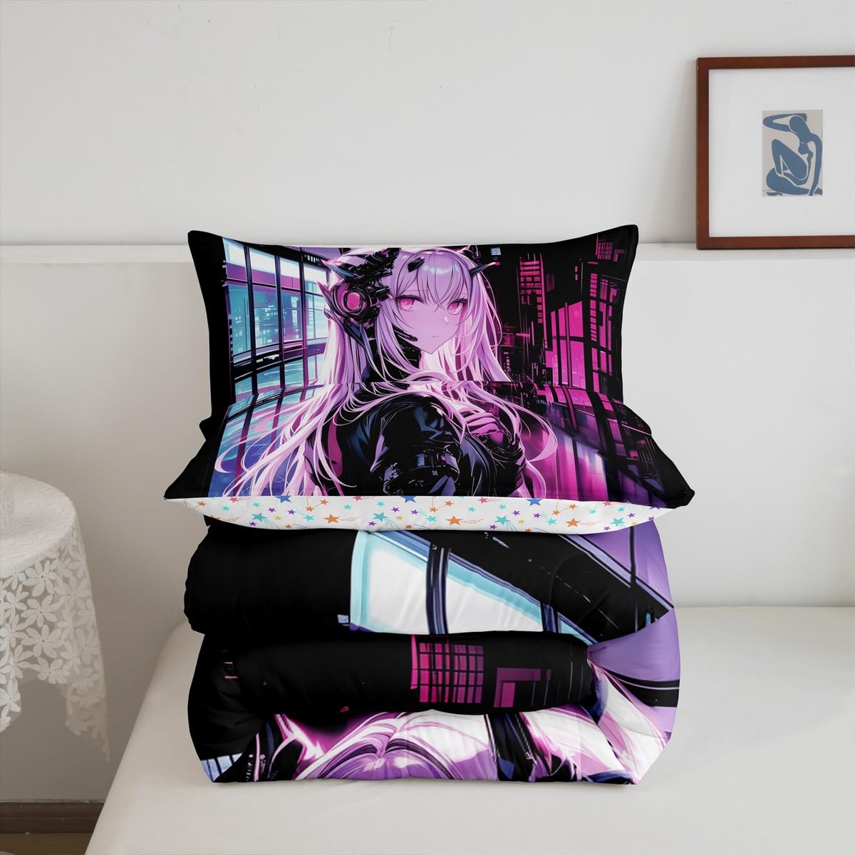 Erosebridal Japanese Anime Bedding Set Full Size, Anime Girl Comforter Set Kawaii Japanese Style Duvet Insert Cartoon Japan Animation Quilt for Boys Teens Adult Women Bedroom Decor