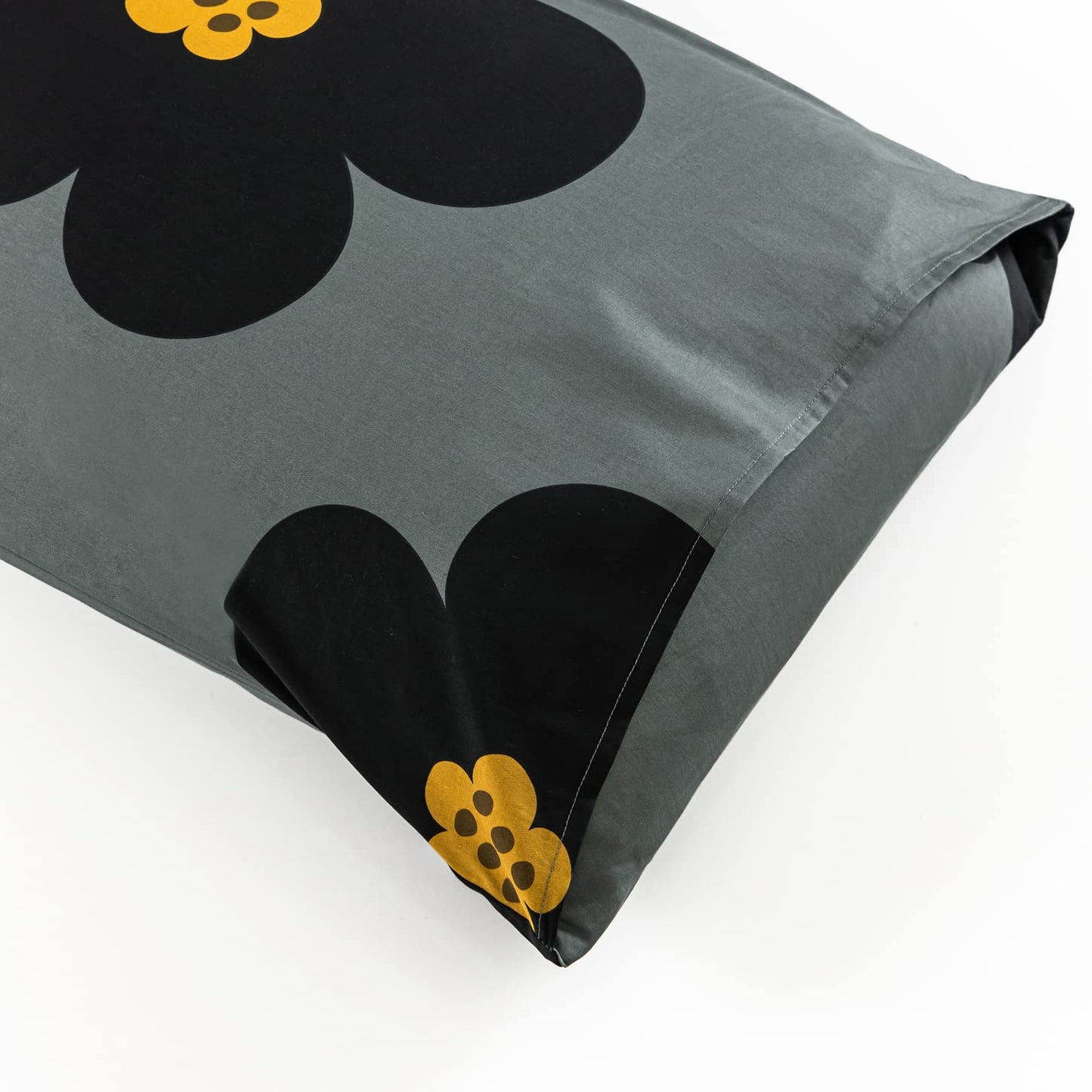 YuHeGuoJi Cartoon Floral Duvet Cover King 100% Cotton 3 Pcs Set 1 Yellow Grey Botanical Blossom Patterned Duvet Cover with Zipper Ties 2 Pillowcases Cute Black Flower Bedding Set Soft