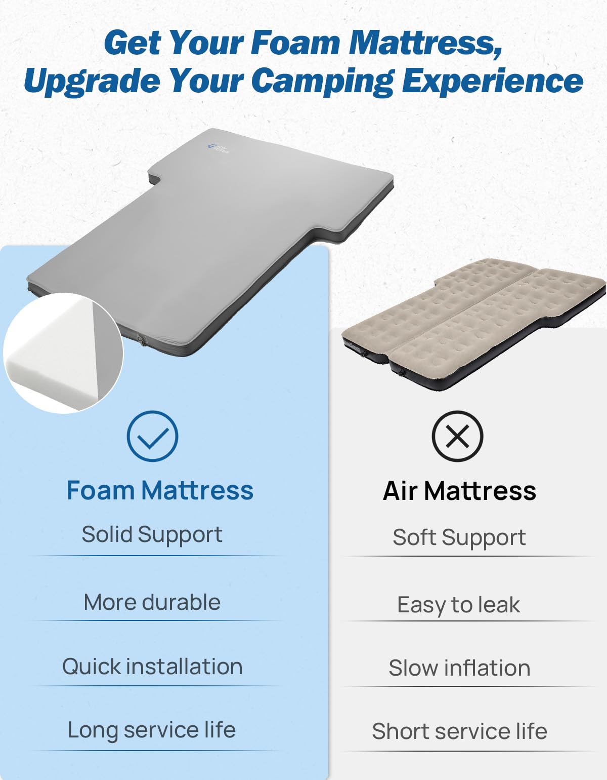 JOYTUTUS Foam & Air Camping Mattress for SUV - 4" Thickened Self-Inflating Car Bed, Wear-Resistant, Portable Sleeping Pad Fits Most Mid-to-Full Size SUV Trunks & Rear Seats, Gray