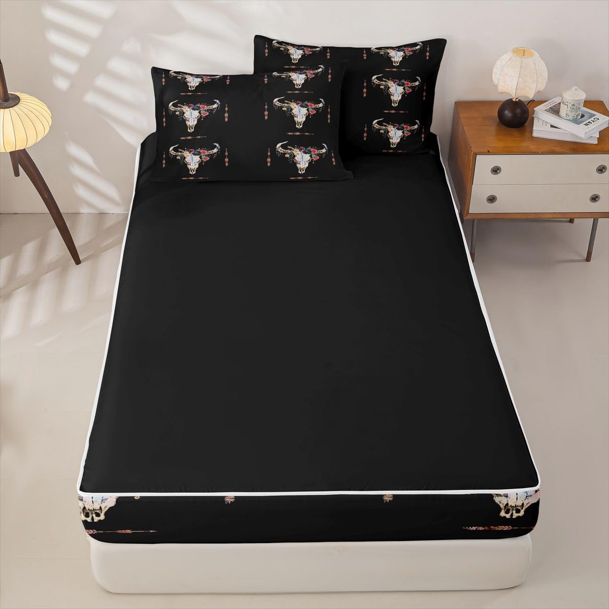 Erosebridal Bull Skull Zipper Comforter Set Twin Boho Bedding Set Bull Head Aztec Bed in a Bag Rose Leaf Print Zippered Quilt Fitted Sheet,2 Pillowcases