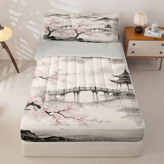 Feelyou Japanese Watercolor Zipper Bedding Cherry Blossom Comforter Set for Kids Boys Girls Full Size Ink Painting Zippered Kids Bedding Set Ultra Soft Bed in a Bag