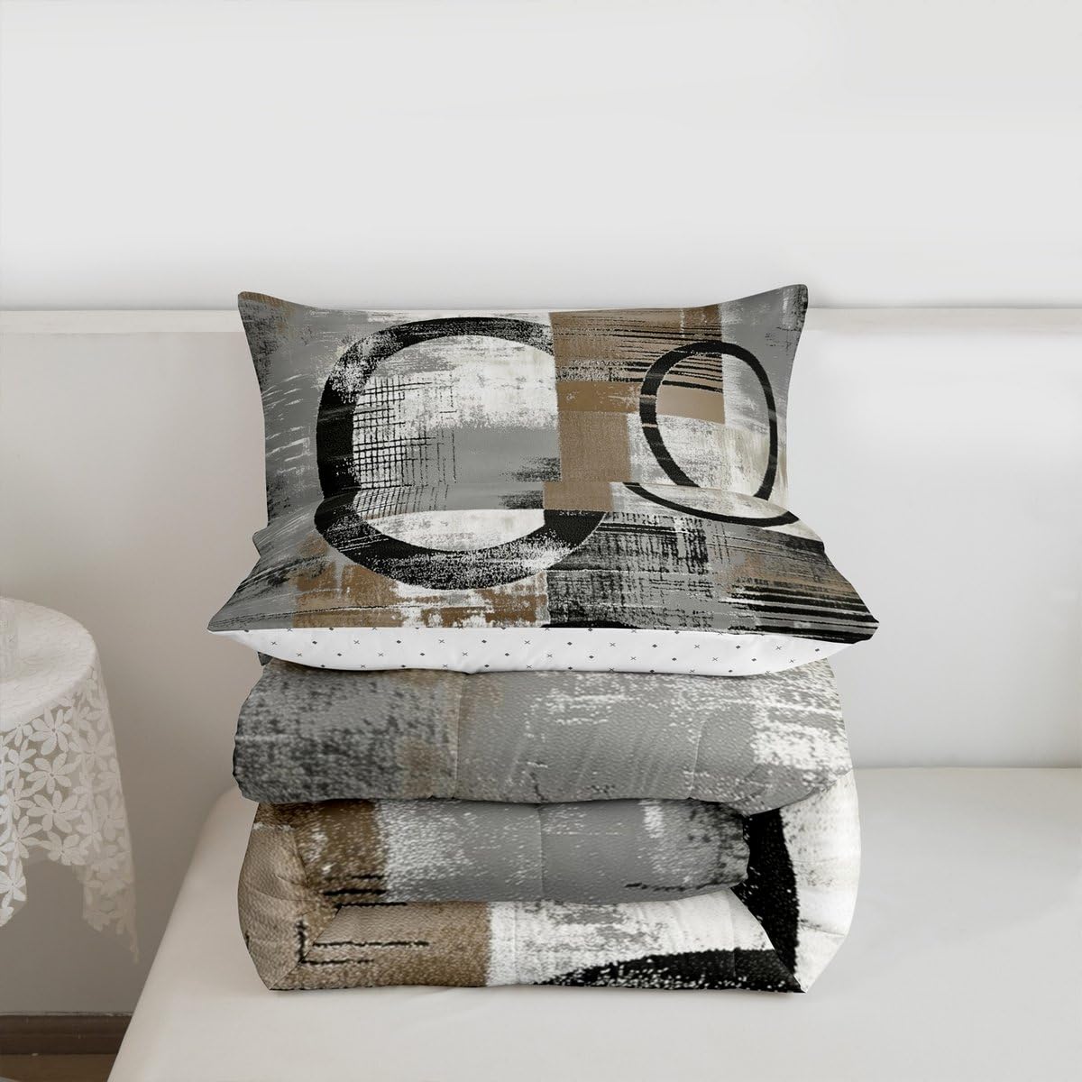 Feelyou Abstract Kids Comforter Set Full Size Modern Abstract Art Bedding Set Geometric Duvet Quilt for Kids Boys Girls Bedroom Luxury Decor Umber Ultra Soft
