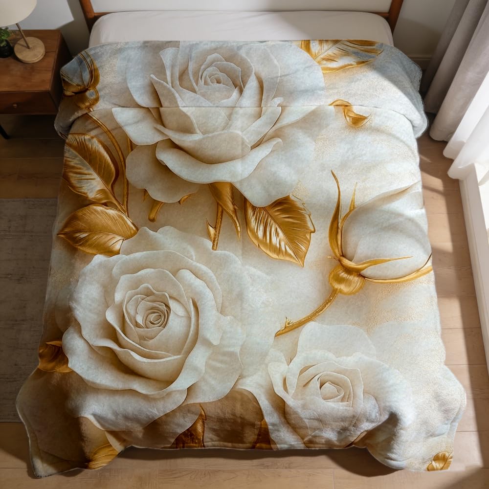 ZHOUSHUTONG White Gold Rose Floral Flannel Throw Blanket, Soft Cozy Warm Plush Blankets for Couch Bed Sofa, Elegant Flower Print Decorative Blanket, Gift for Women Girls 49"x59"