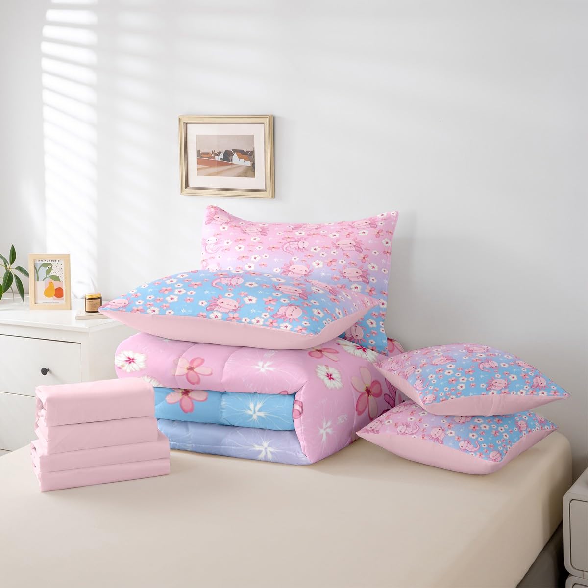 Erosebridal Axolotl 7 Piece Bedding Set King Ombre Comforter Set with Sheets Cherry Blossoms Cartoon Salamander Bed in a Bag Kawaii Pink Blue Ombre for Kids Boys Girls