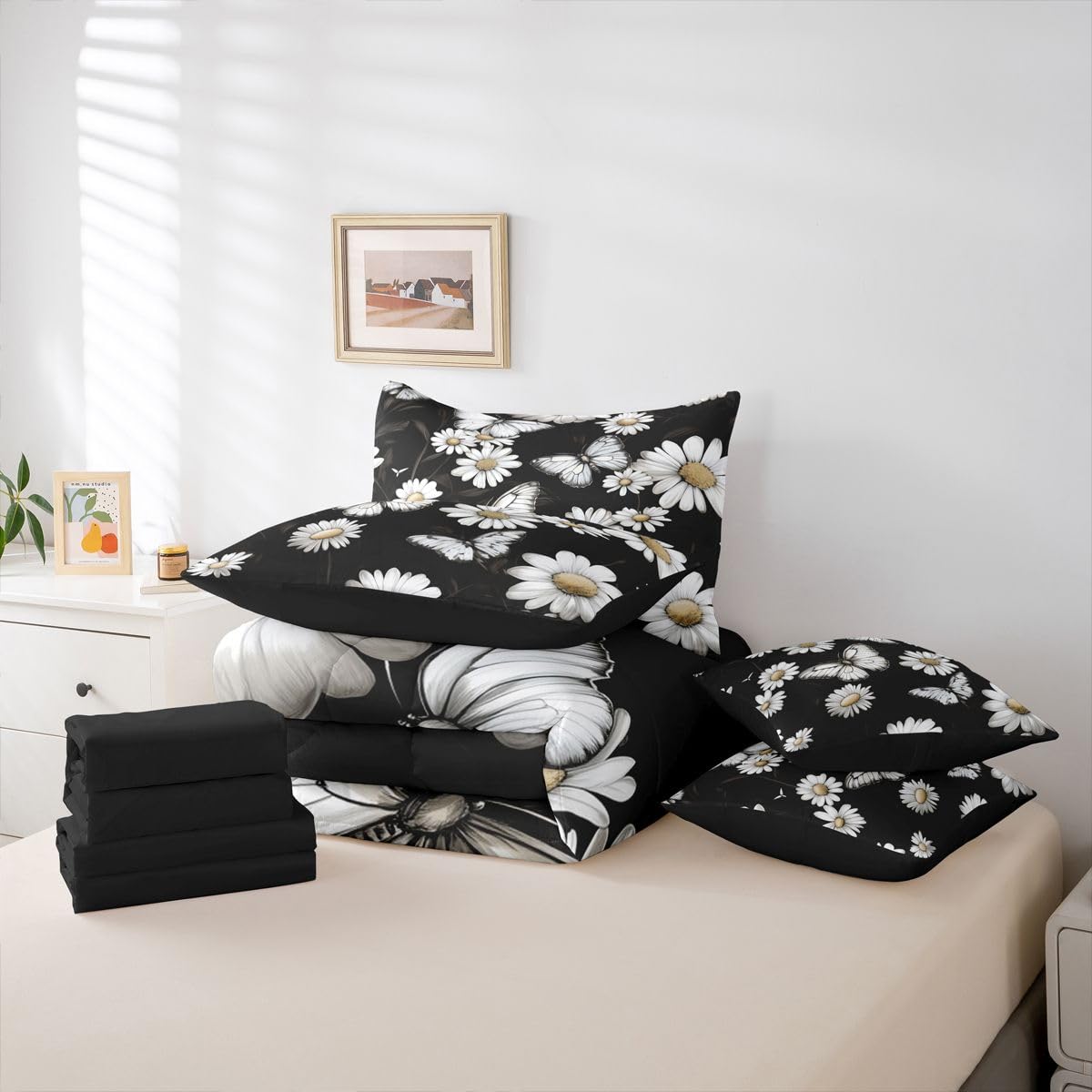 Erosebridal Daisy 7 Piece Bedding Set Twin Butterfly Comforter Set with Sheets Princes White Flowers Petal Plants for Kids Boys Girls Cute Oil Painting Modern Art Bed in a Bag