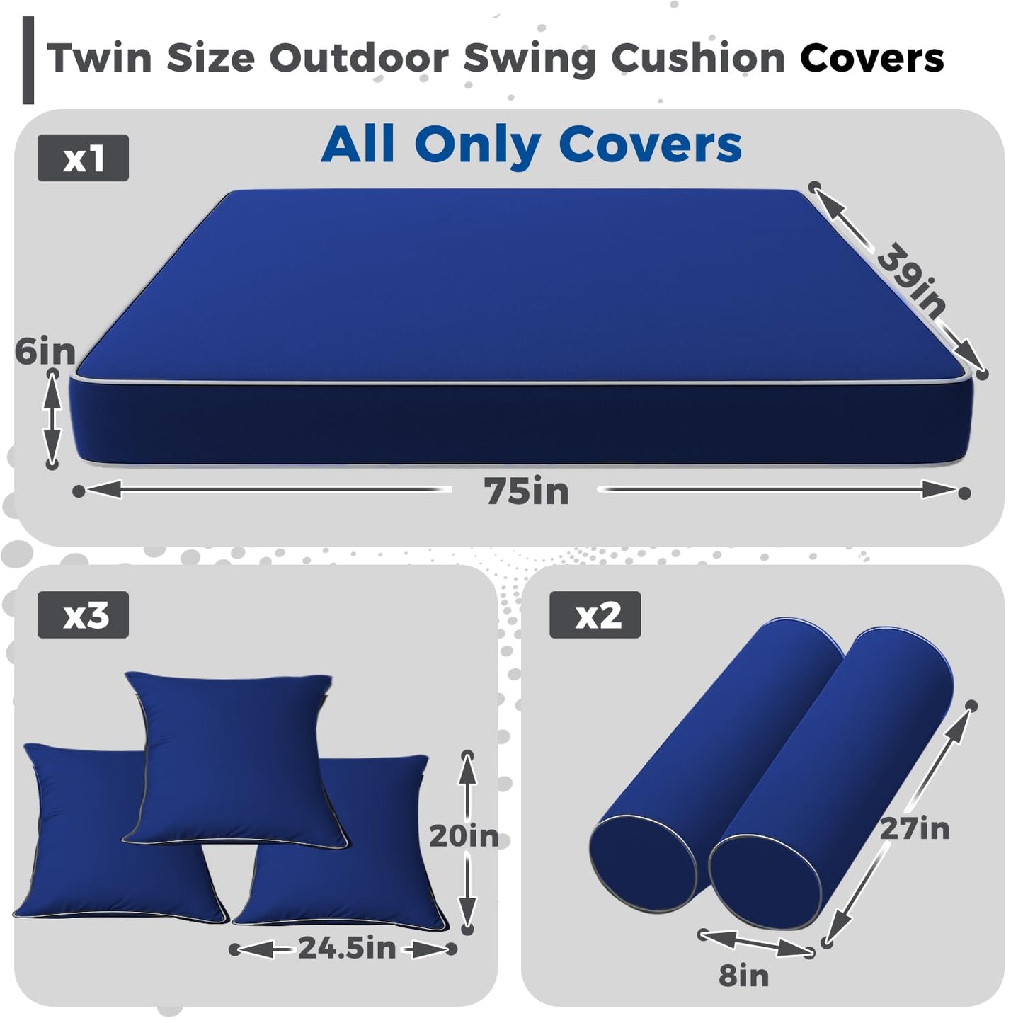 Twin Size Outdoor Daybed Mattress Cover，Outdoor Twin Cushion Cover for Swing Bed with Zipper，Porch Swing Bed Mattress Bolster Pillow Fitted Sheet Covers，Only Covers (Navy blue, 75*39*6in)
