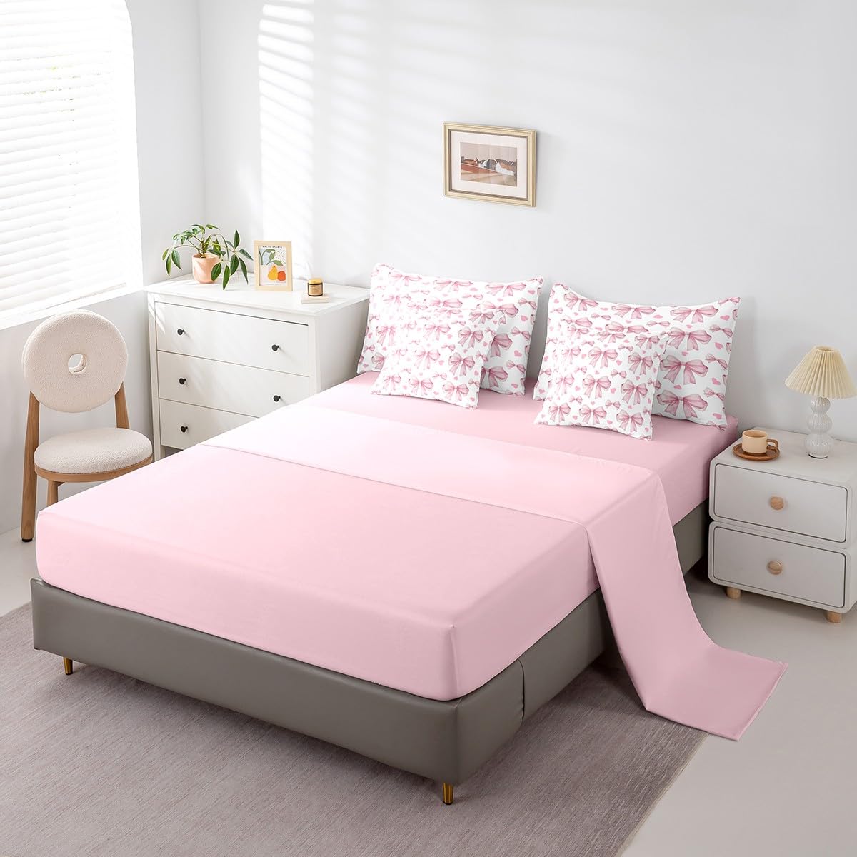 Erosebridal 7 Piece Pink Bowknot Kids Comforter Set King Bed in a Bag,Dreamy Princess Style Girls Bedding Set,Teens Romantic Love Heart Pattern Duvet Insert,Geometric Heart Bow Valentine Sheet Set