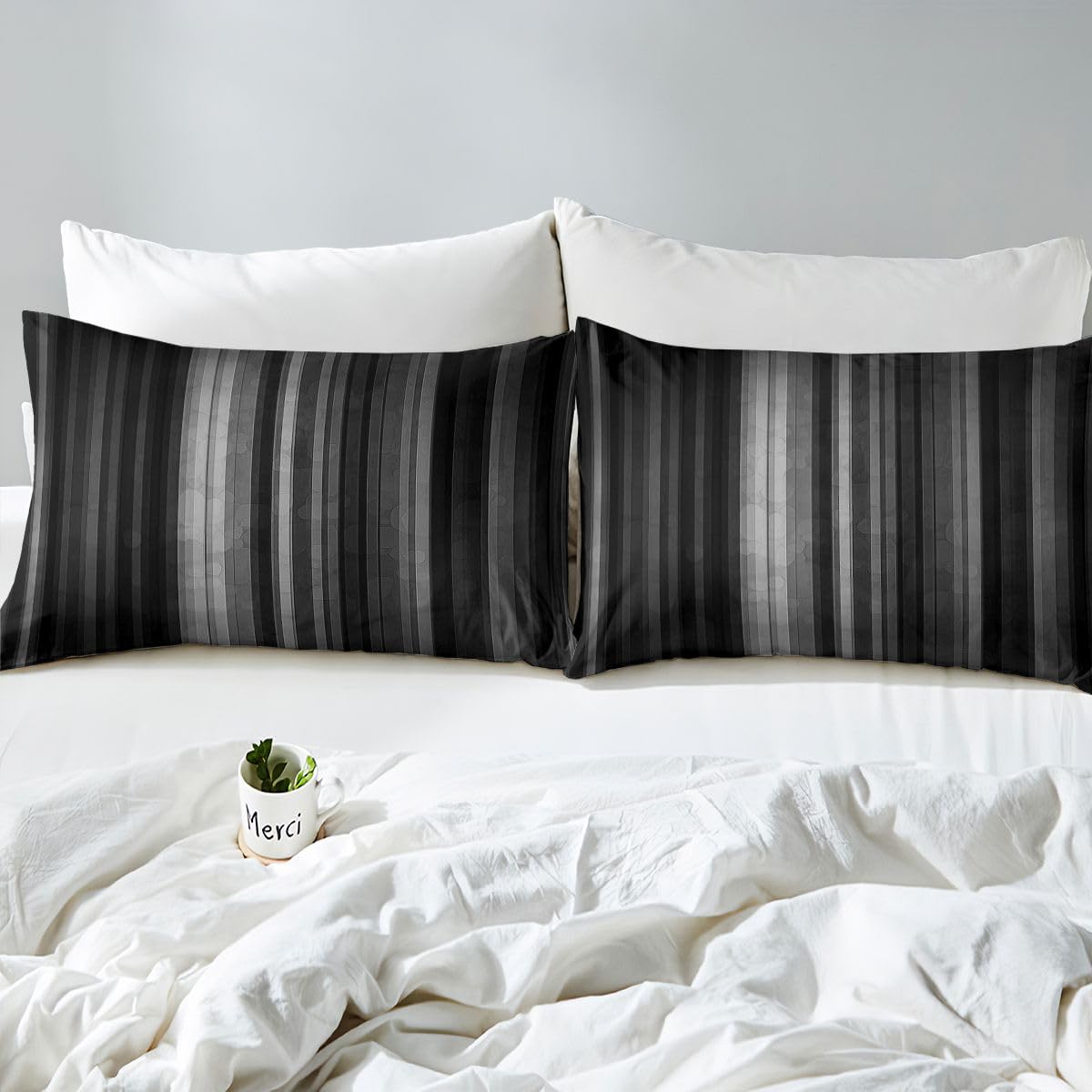 jejeloiu Modern Striped Bed Sheets Set Full Size Geometric Bed Set Black Gray Deep Pocket Fitted Sheet Gradien Breathable Soft Lightweight Microfiber