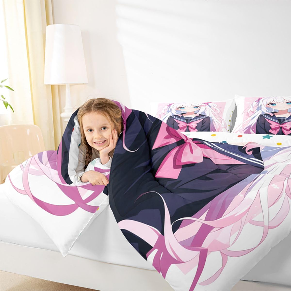 Erosebridal Kawaii Japanese Girl Comforter Set Cartoon Anime Bedding for Kids Boys Girls 3D Japanese Style Bedding Comforters & Sets Sailor Suit Uniform Girl Design Duvet Insert Full Size